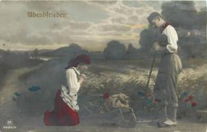Vintage tinted postcard farmers peasant couple pray Switzerland - Ubendfrieden