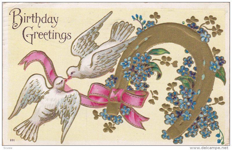 BIRTHDAY; Greetings, Couple of Doves, Forget-Me-Not flowers, Gold ribbon, PU-...