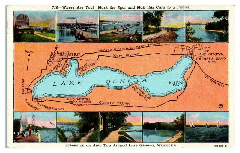 Lake Geneva, WI Map Postcard *5E3