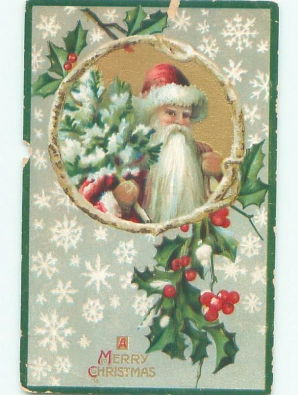 Pre-Linen Christmas SANTA CLAUS CARRYING LITTLE TREE AB5017