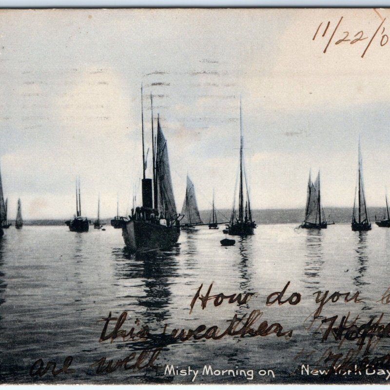 c1906 New York Misty Morning Sol Art Print Litho Photo Postcard Sail Boats A81