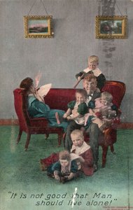 Vintage Postcard 1908 Family With Five Children Man Not Good To Live Alone Comic