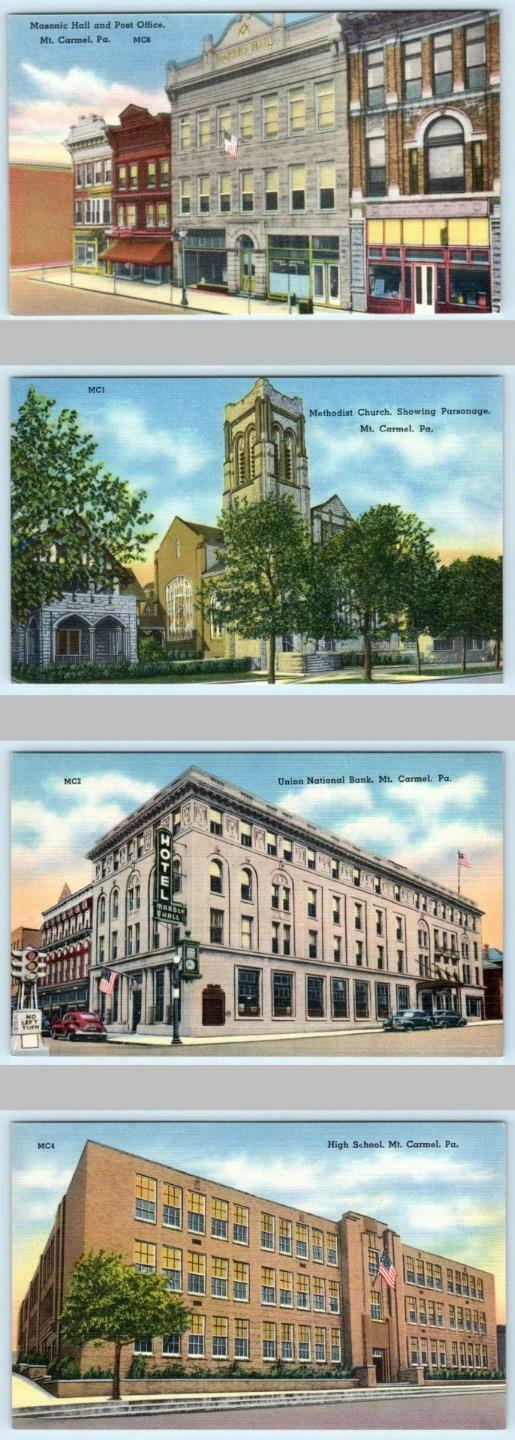 4 Postcards MT. CARMEL, PA High School, Bank, Methodist Church