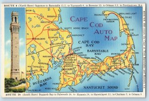 c1940's Cape Cod Auto Map Route #1 & Route #2 Cape Cod Massachusetts MA Postcard