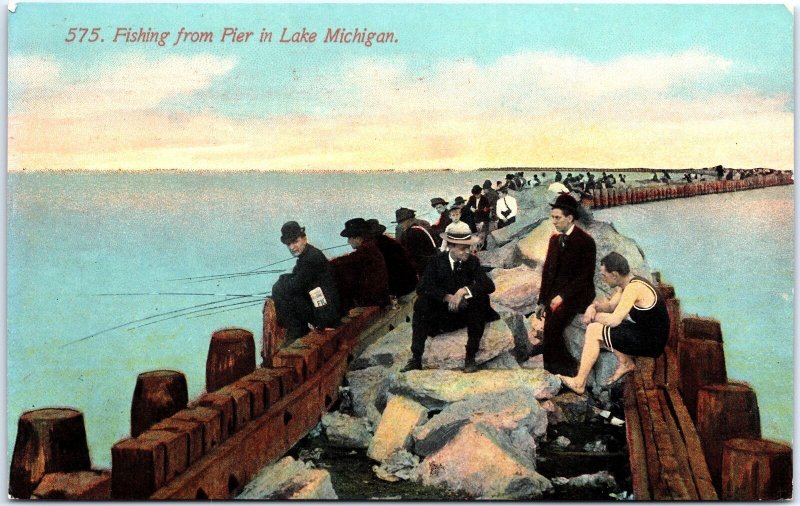 VINTAGE POSTCARD FISHING FROM THE PIER AT LAKE MICHIGAN CHICAGO ILLINOIS