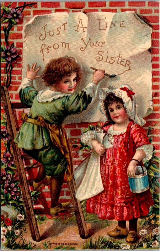Just A Line From Your Sister Two Children Embossed Vintage Postcard B41