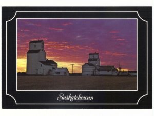 Sunset Silhouettes Grain Elevators, Saskatchewan, Canada, Chrome Postcard