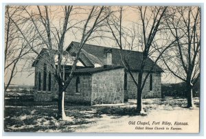 c1910 Old Chapel Stone Church Exterior Trees Fort Riley Kansas Vintage Postcard