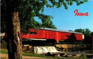 Iowa Covered Bridge Scenic River Landscape Countryside Chrome Postcard 