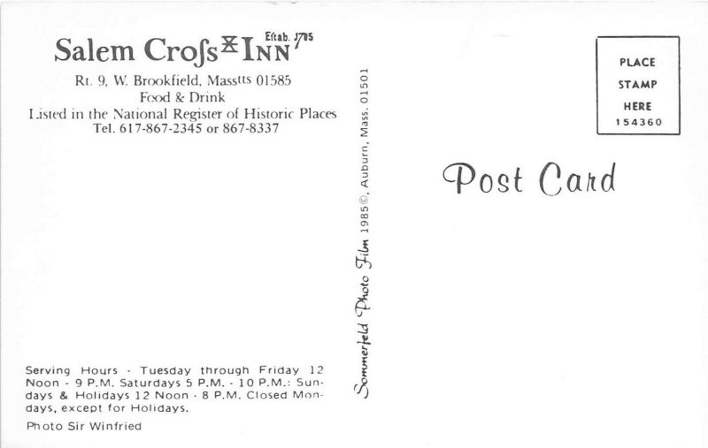 Brookfield Massachusetts 1960s Postcard Salem Cross Inn