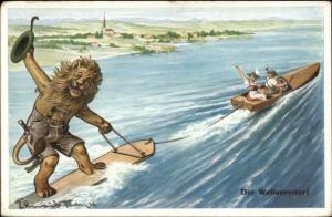 Fantasy - Lion as Person Water-Skiing Towed by Speedboat c1915 Postcard