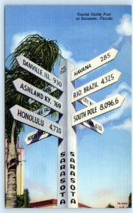 SARASOTA, Florida FL ~ Mileage Sign TOURIST GUIDE POST c1940s Linen  Postcard