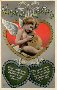 c1910 Tuck Valentine Postcard 152 Heartfuls of Music, Cupid plays Lute, unposted