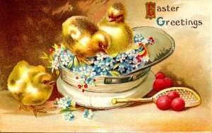 Greeting - Easter.  (chicks in a hat)