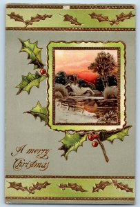 Chicago IL Postcard Christmas Holly Berries Winter Scene Gel Gold Gilt 1910
