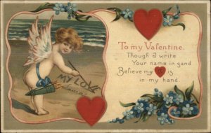 Valentine - Cherub Writing in Sand on Beach MY LOVE c1910 Postcard