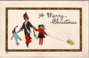 Christmas Greetings Woman Large Hat Children Ice Skating Pulling Dog Postcard Z1