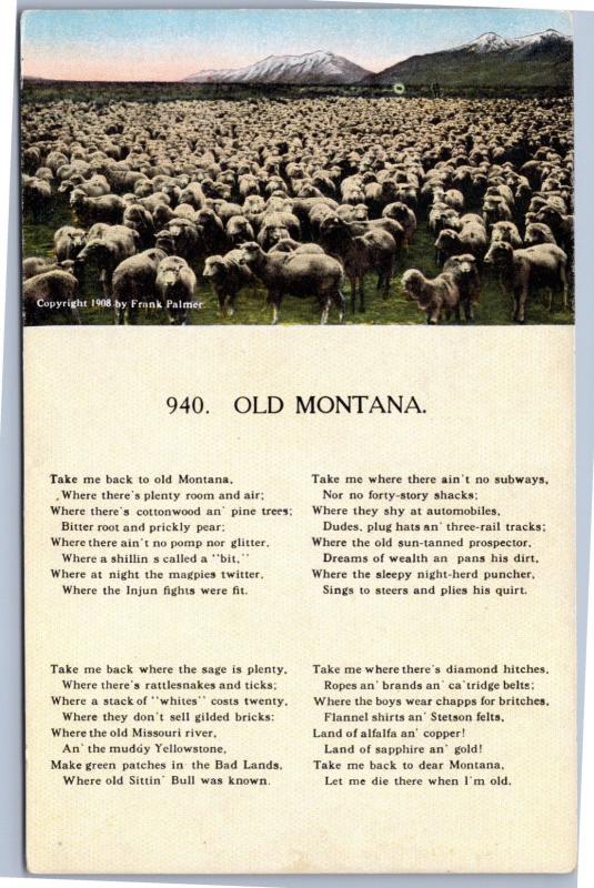 postcard MT song Old Montana lyrics with picture of sheep and mountains