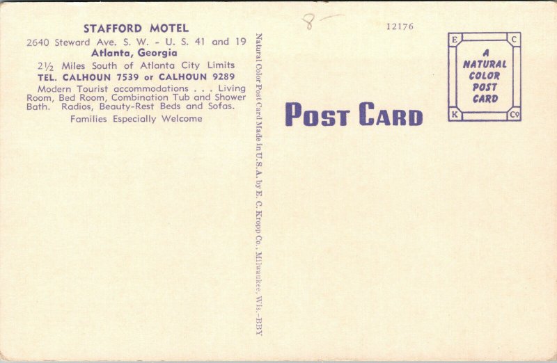 Vtg 1930s Stafford Motel Motor Court Atlanta Georgia GA Roadside Linen Postcard