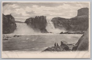 Couple Of Fellas Sitting On Rocks @ Twin Falls~Majestic White Waves Crash~Vtg PC