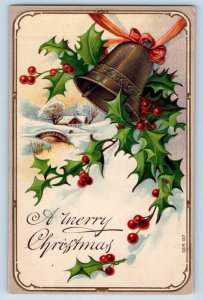 Christmas Postcard Holly Berries Ringing Bell Winter Scene Embossed Fertile MN