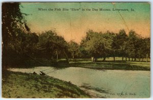 c1910s Livermore, IA Fishing Poles in Des Moines River Litho Photo Postcard A25