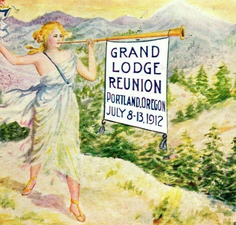 Vtg Postcard BPOE 1912 Grand Lodge Reunion Portland Oregon Lady In Hills w Horn 