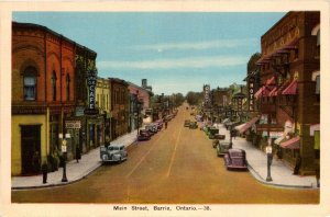 Postcard ON Barrie Main Street Drug Store Grill Coffee Bar Classic Car 1941 S96