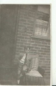 Social History Postcard - Real Photo of a Boy Outside a House - Ref TZ9474