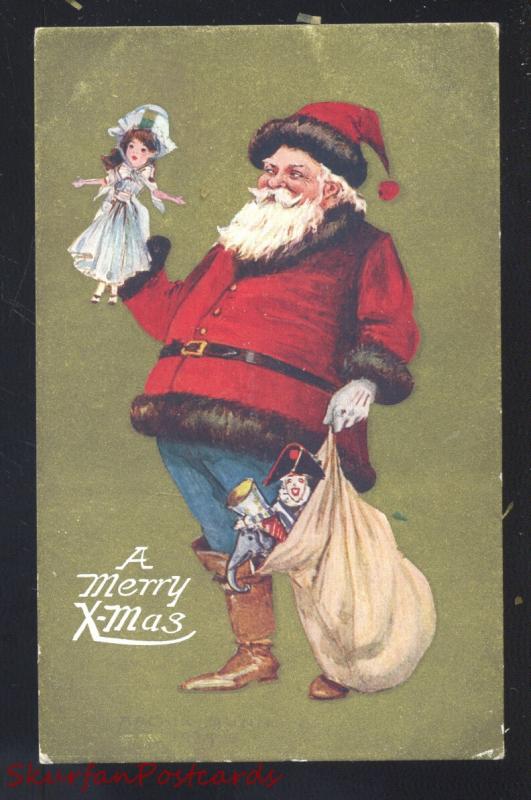 A MERRY XMAS CHRISTMAS SANTA CLAUS BLUE PANTS GOLD BORDER VINTAGE POSTCARD