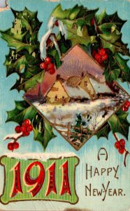 New Year 1911 With Holly and Landscape Scene