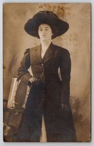 RPPC Edwardian Woman Coat Gloves Hat Serious Face Studio Photo Postcard L27