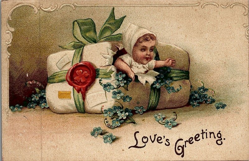 1909 VALENTINE LOVES GREETING BABY 4-LEAF CLOVER FLOWER EMBOSSED POSTCARD 26-269