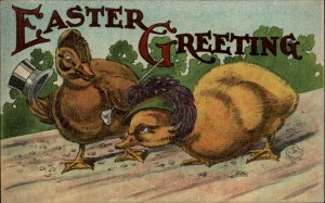 Easter Fantasy Ducks in Feather Hat and Top Hat c1910 Vintage Postcard