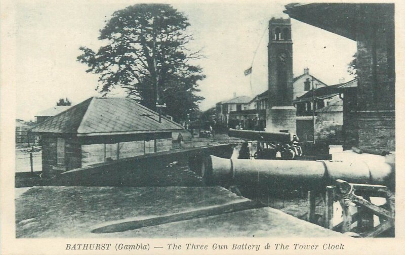 Gambia Bathurst postcards lot river sailing three gun battery tower clock church