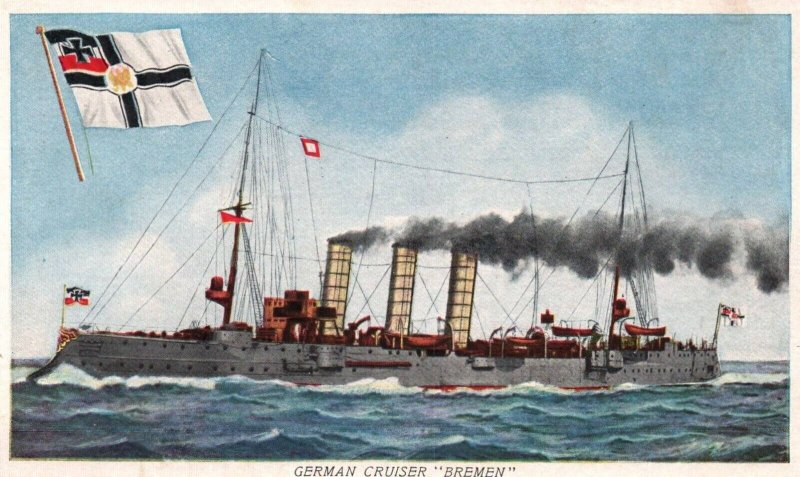 German Navy WWI Postcard c.1910s SMS Bremen Cruiser