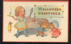 HALLOWEEN GREETINGS PRETTY GIRL FANTASY PUMPKINS VINTAGE POSTCARD 1910