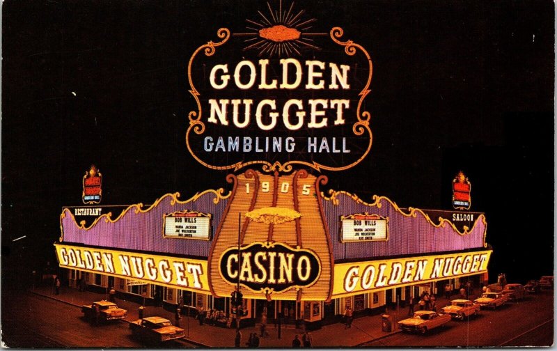 Golden Nugget Gambling Hall Casino Las Vegas Nevada NV Night View Postcard UNP 