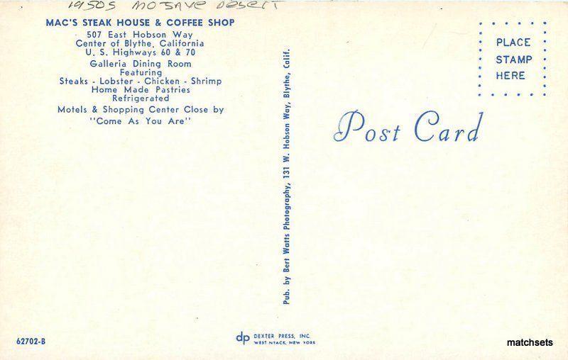 1950s Macs Steak House Coffee Shop Blythe California roadside Watts postcard 769