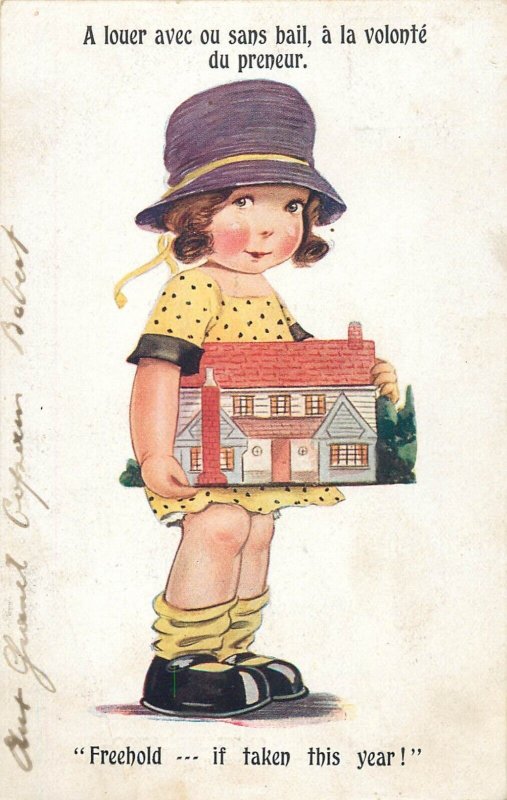 Humor comic caricature postcard girl house mockup