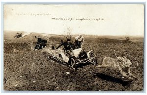 c1910's Man Riding Cars Caching Big Rabbit RPPC Photo Posted Antique Postcard