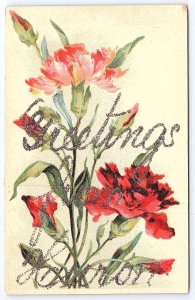 Vintage Postcard Greeting from Huron Glittered Red Pink Roses Flowers Watercolor