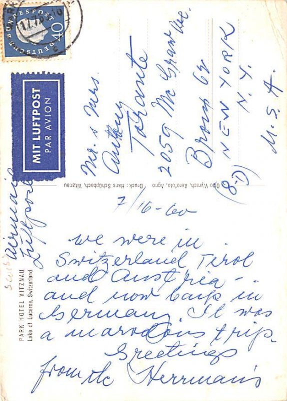 Park Hotel Vitznau Switzerland Postal Used Unknown 