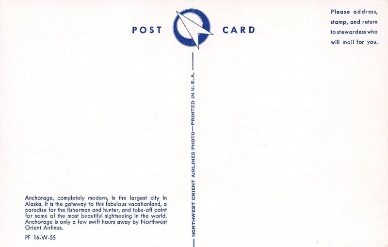 Anchorage Alaska City View AK Vintage Northwest Orient Airlines Postcard