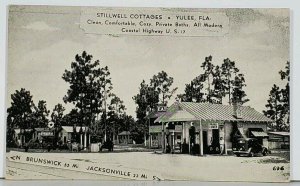 Yulee Florida STILLWELL COTTAGES Texaco Gas Pumps Lunch Man at Car Postcard K5