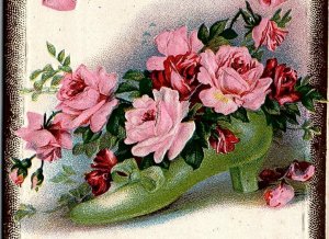 1915 HEARTY CONGRATULATIONS NORTH WALES PA SHOE FLORAL EMBOSSED POSTCARD 20-220