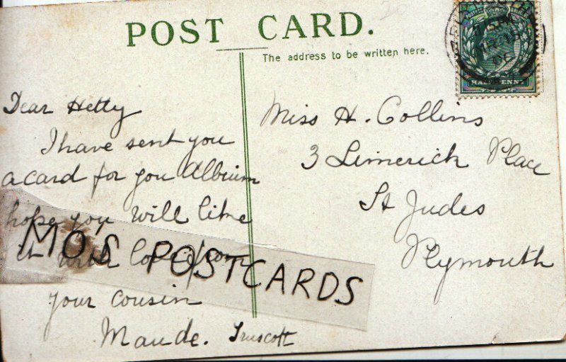 Genealogy Postcard - Collins - 3 Limerick Place - St Judes - Plymouth - Ref 482B