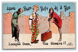 Vintage 1940's Comic Postcard - Goofy Man Busy Bee Looking Over the Honeys Funny