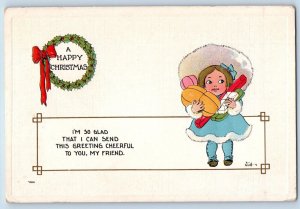 Wall Signed Postcard Christmas Greeting Girl With Gifts Berries Wreath Embossed