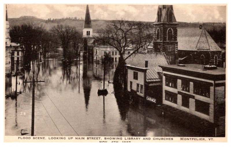 Vermont Montpelier Nov 4th 1927  Flood, ,Main Street showing Library & Churches